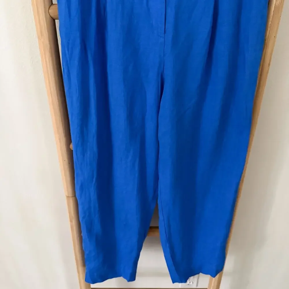 Mango 100% Linen Blue Elastic Back Slim Crop Pants Women US 4 EU 36